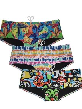 Bright Multicolor Bikini Bottoms Trio - Floral, Tie-Dye & Cartoon Prints